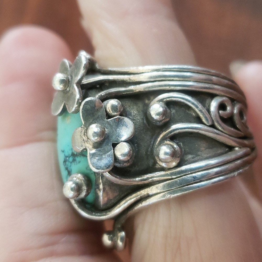 Sterling Silver Turquoise Blue Statement Ring Boh… - image 7
